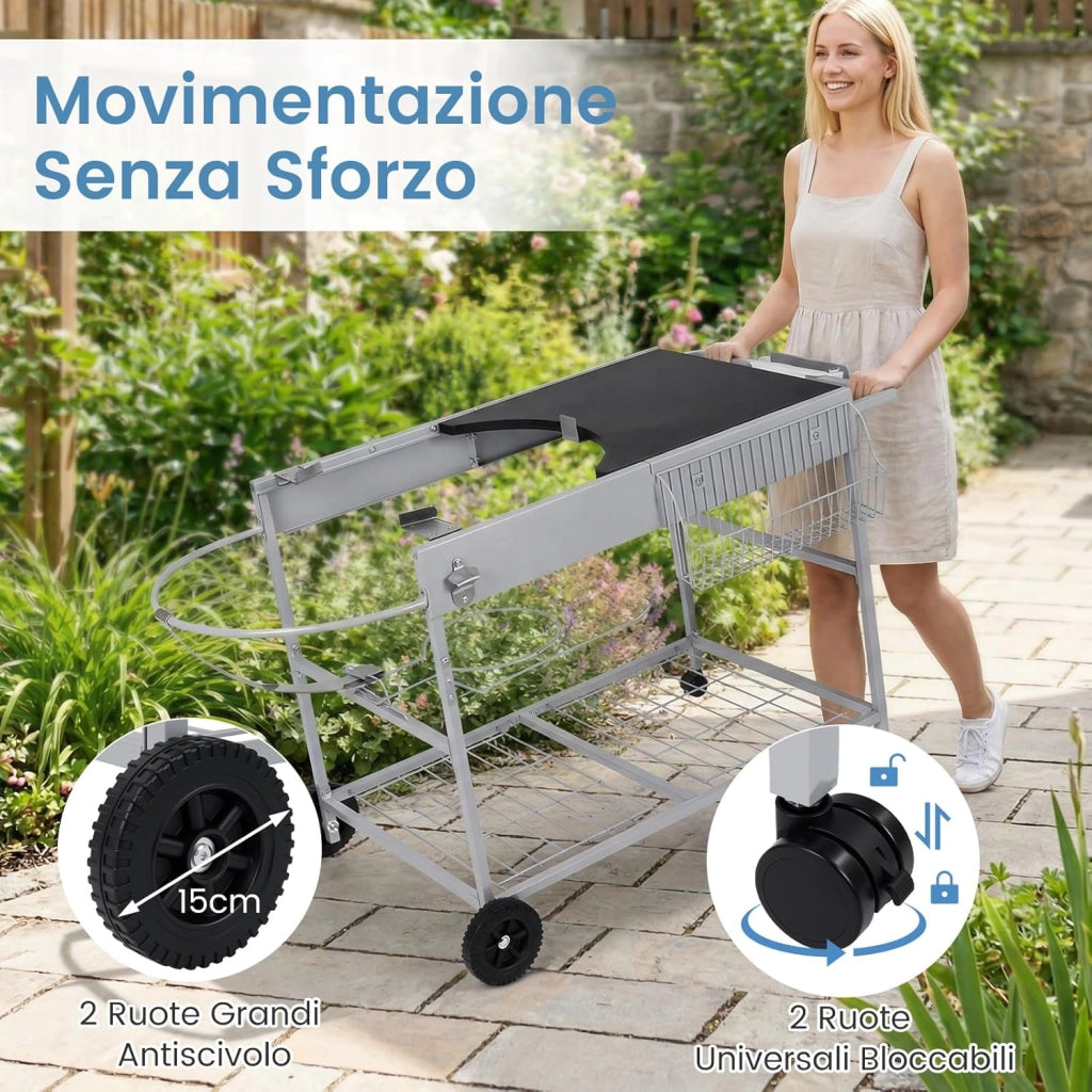 Carrello per Barbecue da Esterno, Tavolo Mobile per Barbecue con Ripiano a Rete, Porta Spezie, Portarotolo e Supporto per Sacchetti, Carrello da Cucina in Acciaio Inox, 141 x 62 x 80 cm