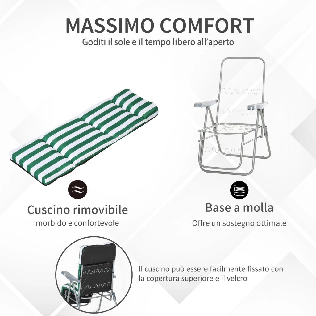 Sedia Sdraio da Spiaggia da 2 Pezzi Pieghevole e Reclinabile, Lettini Prendisole da Giardino con Cuscino Imbottito, Verde e Bianco