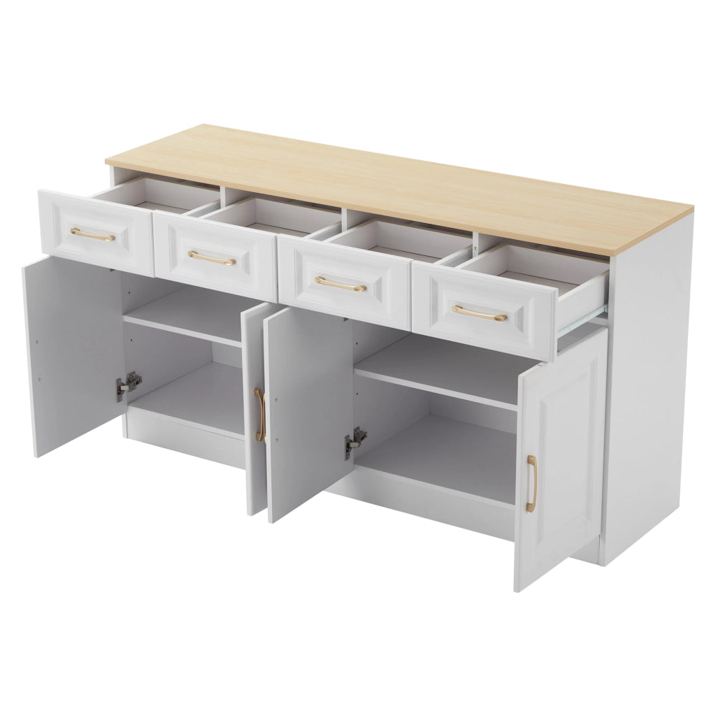 Credenza buffet 140 cm con 4 cassetti e 4 ante; bianco e rovere; in truciolare