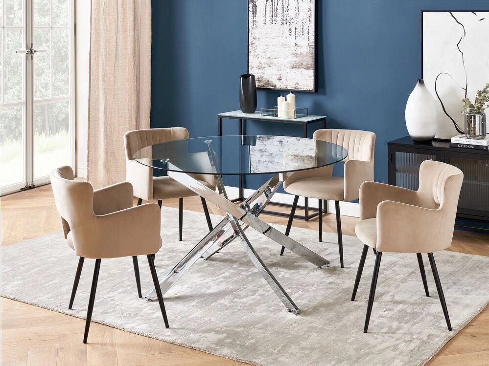 Tavolo da pranzo rotondo piano in vetro temperato gambe in argento ⌀ 120 elegante glamour