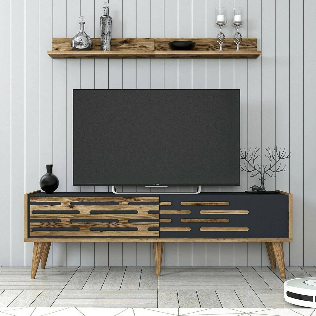 Mobile porta TV Arsiero, Credenza da soggiorno, Armadio basso per TV, Base parete attrezzata, 140x45h35 cm, Noce e Antracite