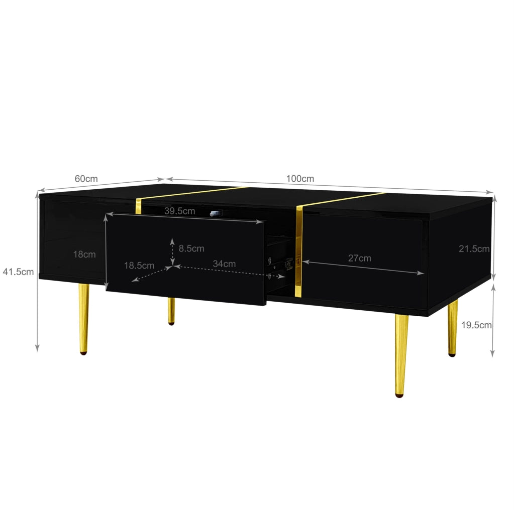 Tavolino da caffè moderno nero lucido con 2 cassetti; 100 x 60 x 41;5 cm; in MDF