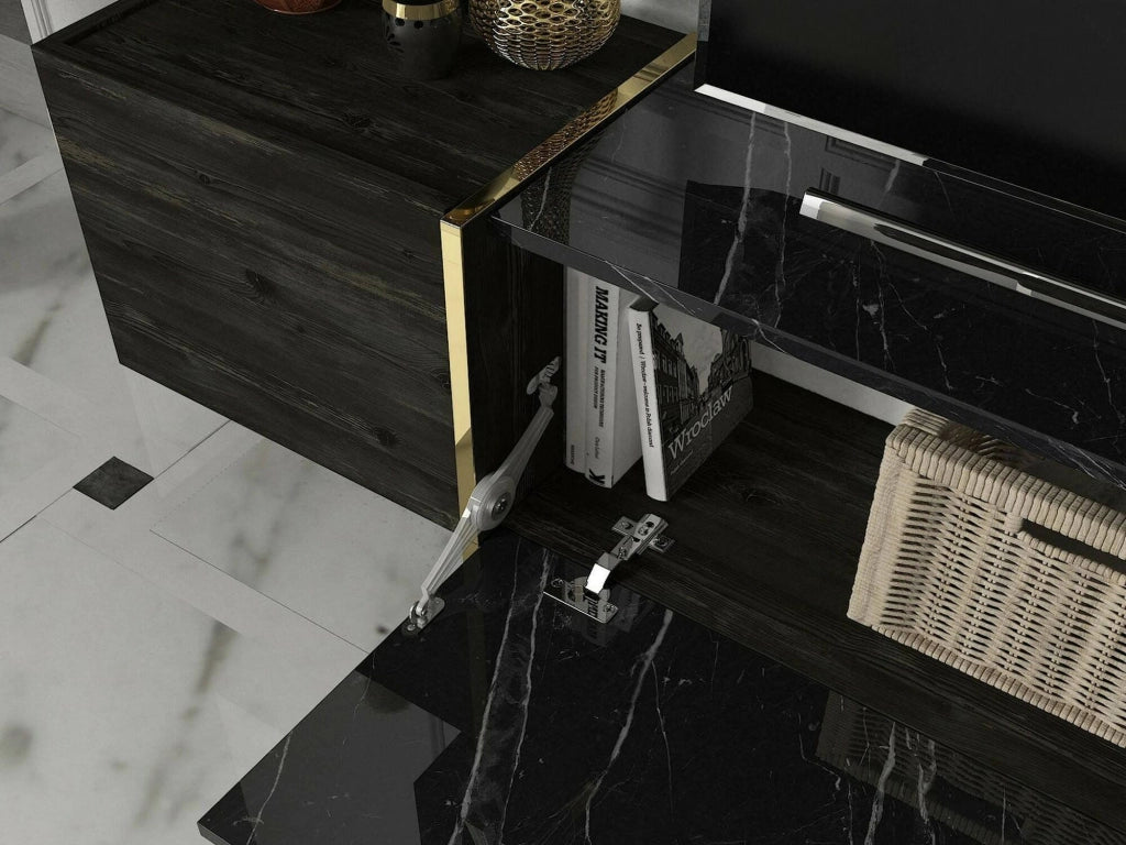 Mobile porta TV Beinasco, Credenza da soggiorno, Armadio basso per TV, Base parete attrezzata, 180x32h45 cm, Nero e Oro