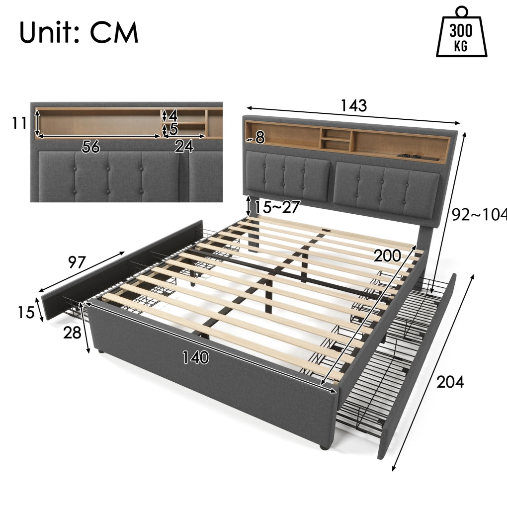 Letto imbottito 140x200 cm grigio con 4 cassetti e USB-C
