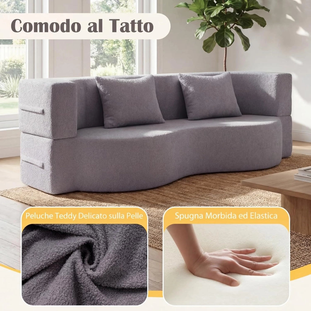 2 in 1 Divano Letto Pieghevole, Divano a 2 Posti in Pile Teddy con 2 Cuscini Comodi, Nessun Montaggio, Divanetto Convertible Moderno per Soggiorno Camera Ospiti, 192,5x84x62 cm (Grigio)