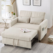 Divano Letto 2 Posti con Schienale Regolabile a 3 Posizioni e 2 Cuscini, in Tessuto Cotone Lino Beige