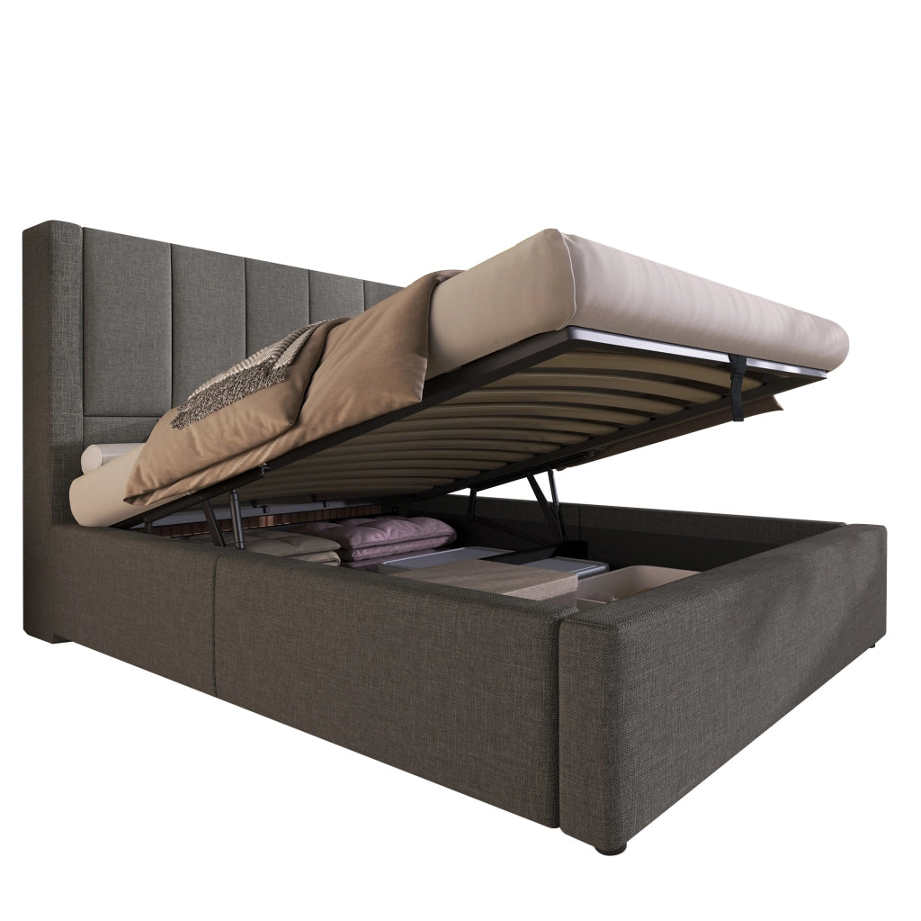 Letto imbottito 90x200 cm con materasso; contenitore idraulico; USB e Type-C; lino grigio