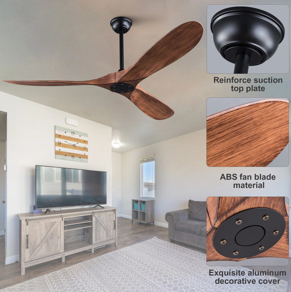 Ventilatore da soffitto 60 pollici senza luce con telecomando; 3 pale in ABS; nero e noce scuro