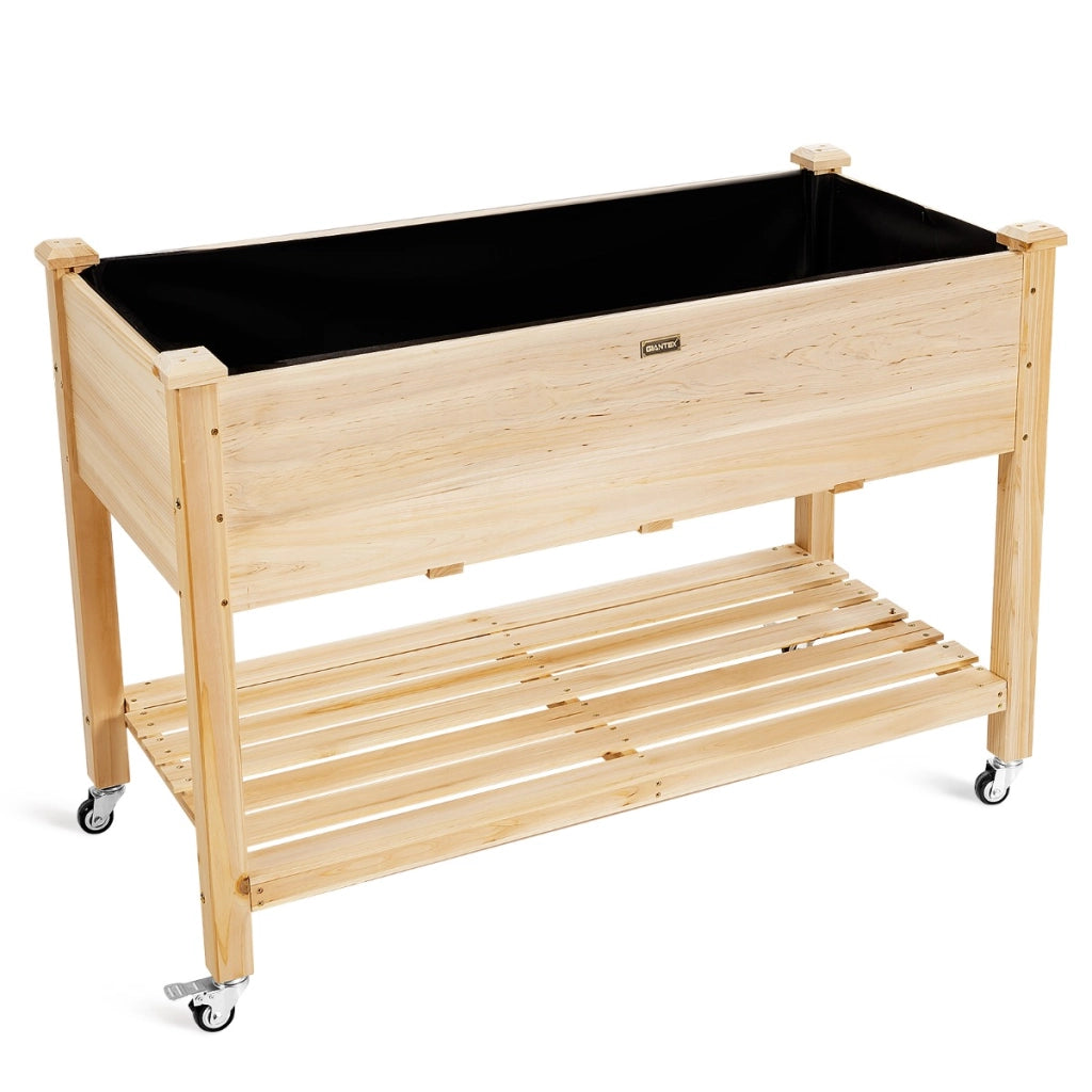 Letto da giardino rialzato con ruote bloccabili capienza e rivestimento protettivo, Fioriera mobile in legno-Fioriere