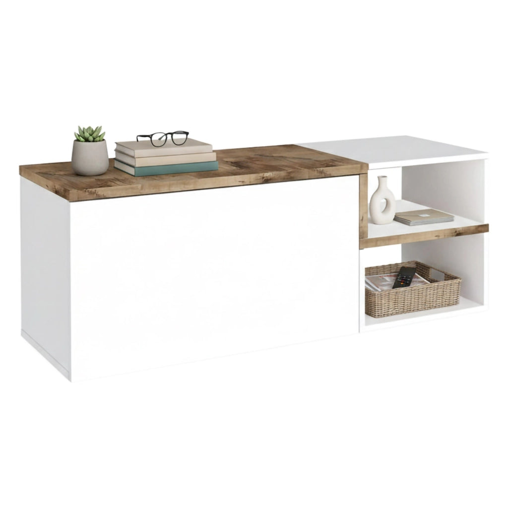Mobile da Aska, Made in Italy, Scarpiera con ripiano, Panca a 2 ante, cm 120x40h54, Bianco lucido e Acero