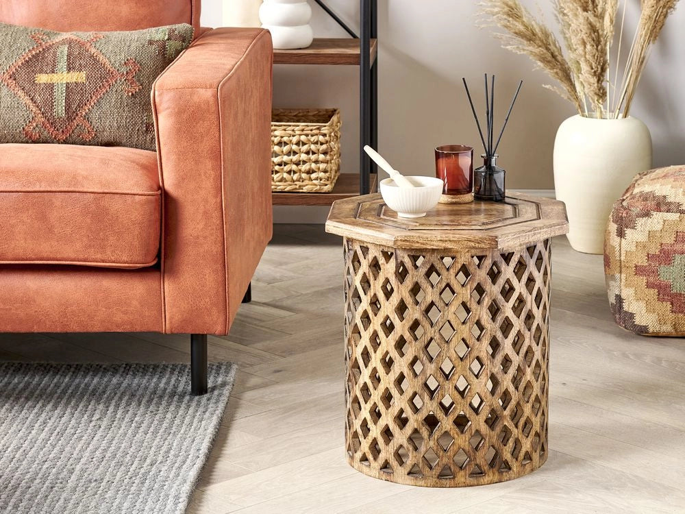Tavolino in legno di mango scuro Piano ottagonale Base rotonda 45 x 45 cm Design tradizionale