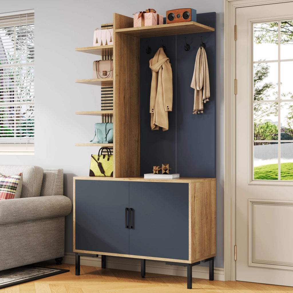 Mobile Ingresso con 4 Ripiani Laterali e Ganci; Ripiano Inferiore Regolabile; Stile Moderno; in Pannello; Naturale; 100??40??190;5 cm