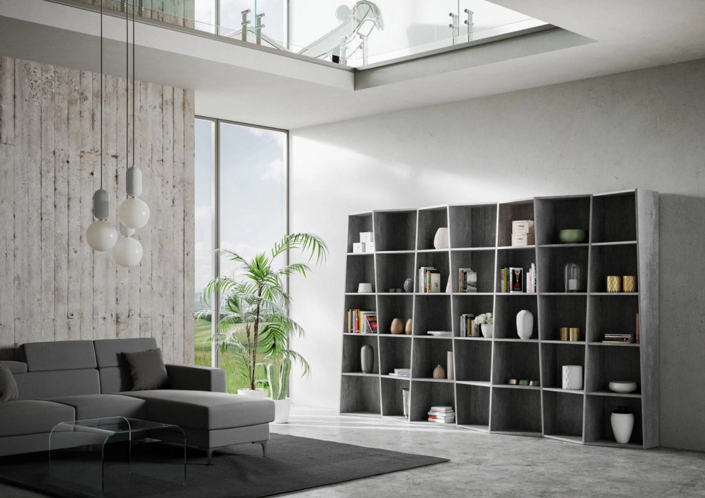 Libreria Moderna 7 Elementi 5 Ripiani Trek Cemento