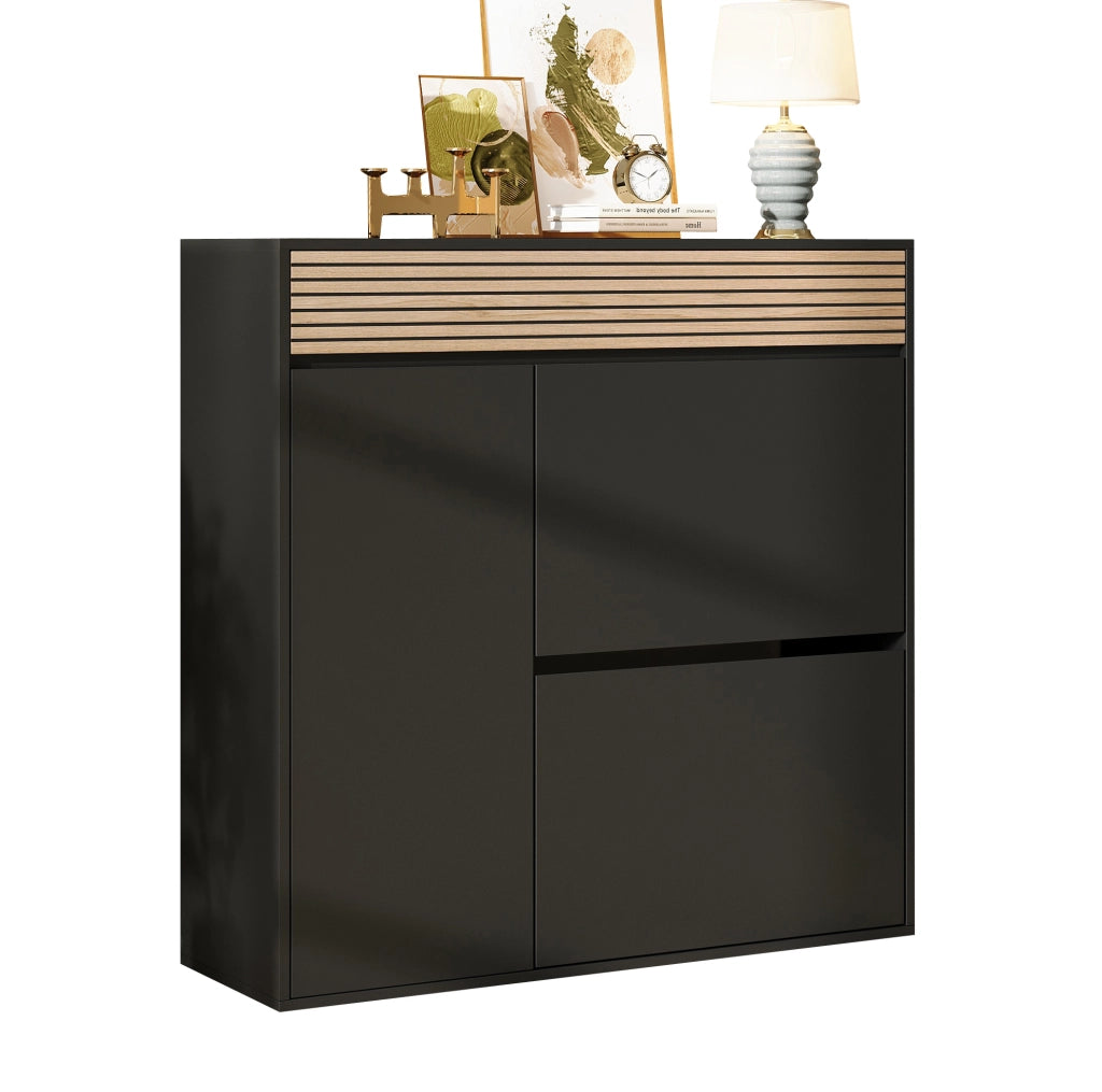 Scarpiere slim con cassetto; 2 ante a ribalta e vano laterale; 100x35x105 cm; nero e legno