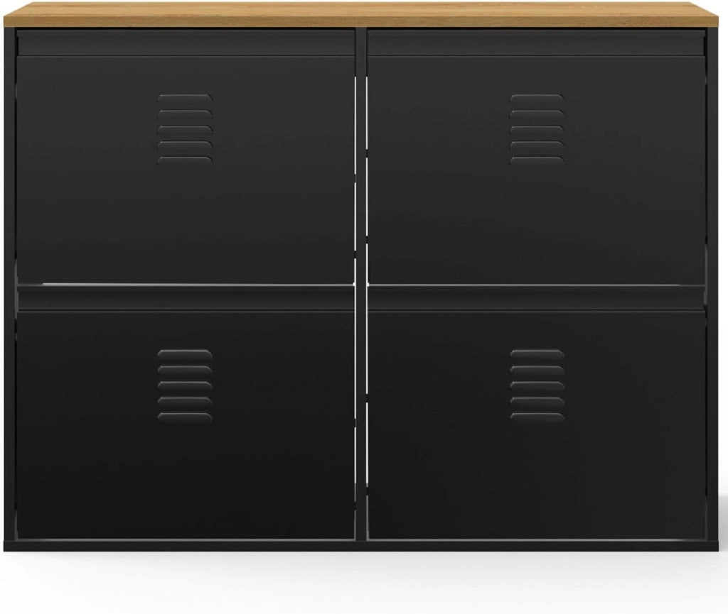 ESTER zapatero de metal negro de 4 puertas para 20 pares con tapa de madera de diseño industrial