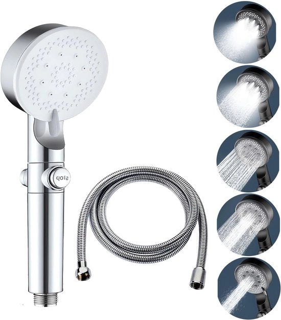 Douchekop idrorisparmiante con tubo 1,5 m, douchekop idrorisparmiante, 5 tipi di getto, design douchekop ad alta pressione, idrorisparmiante, douchekop potente per bassa pressione dell'acqua