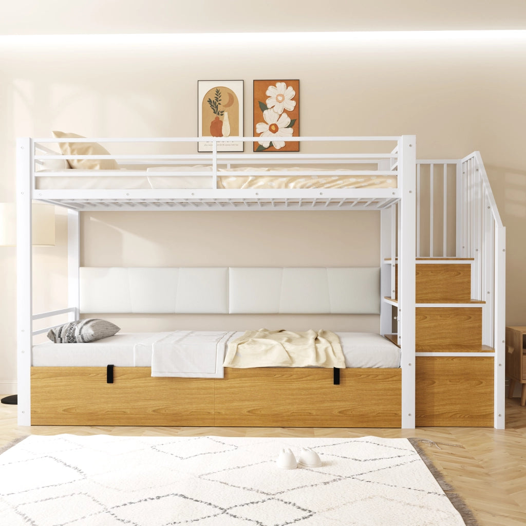 Letto a castello 90 × 200 cm con scala contenitore, vano con sollevamento idraulico, senza materasso, bianco