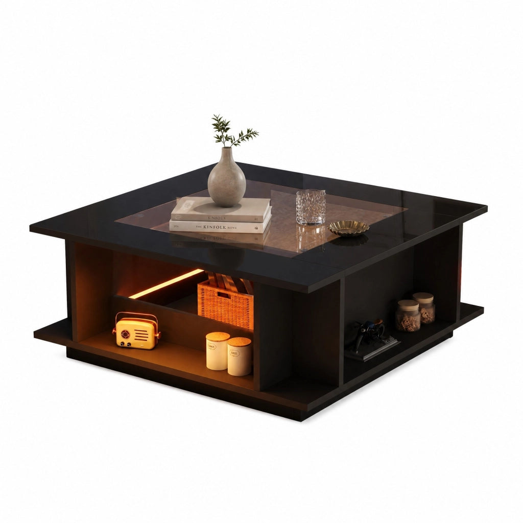 Tavolino da salotto quadrato 70x70x30 cm con piano in vetro, finitura lucida nera, LED e vano contenitore