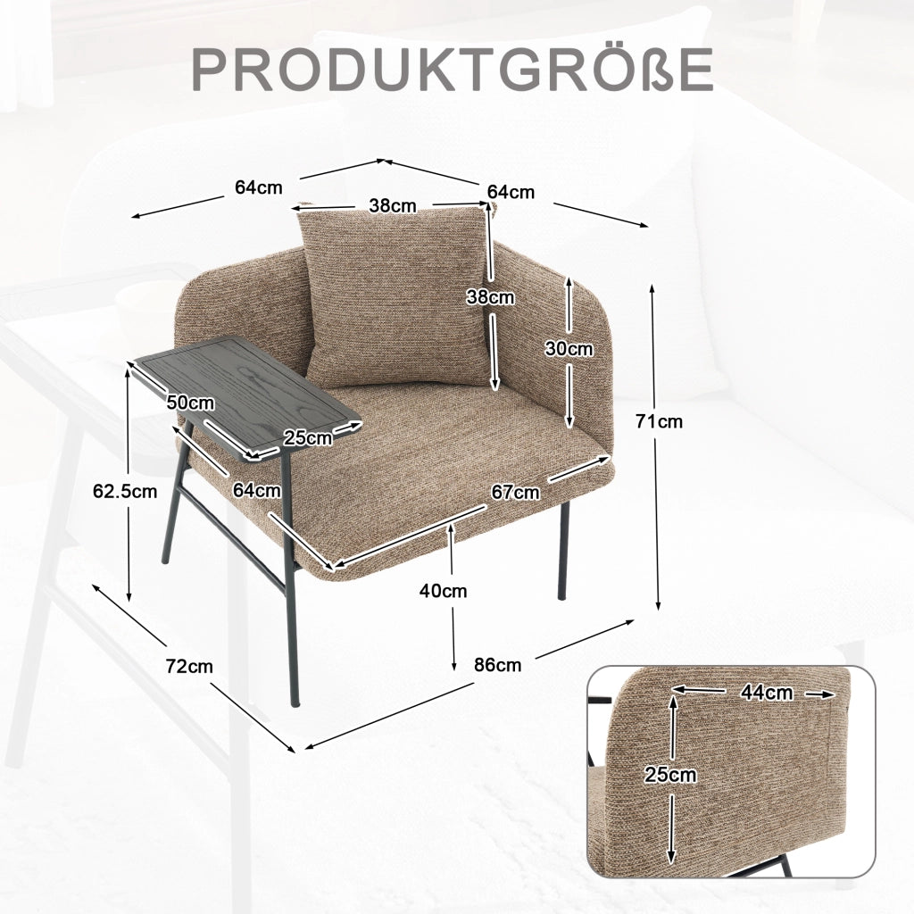 Poltrona con tavolino laterale e tasche laterali; seduta imbottita in ciniglia kaki 86 Ã— 72 Ã— 71 cm