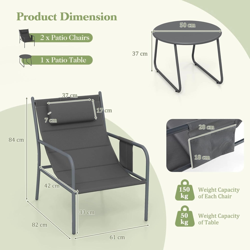 Set da Bistrot da Giardino 3 Pezzi, Set di Sedie da Esterno con Seduta e Poggiatesta Imbottiti, Tavolino da Caffè Rotondo con Piano in Metallo, Tasche Portaoggetti Laterali