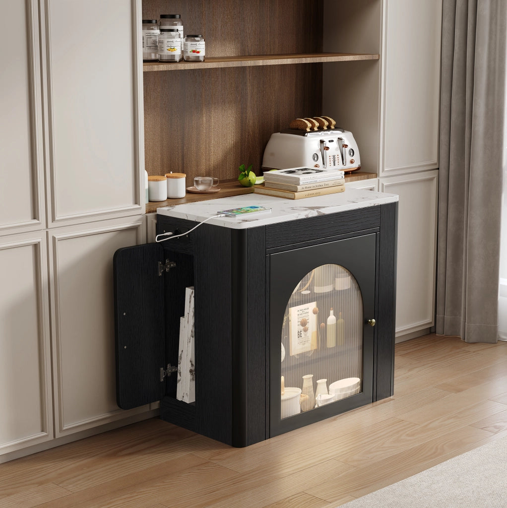 Isola da cucina allungabile con ruote nera e bianca con LED e porte USB