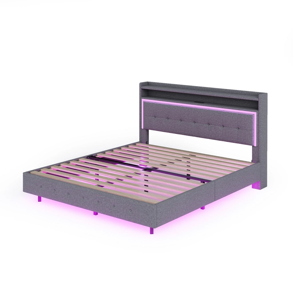 Letto matrimoniale 160 × 200 cm con USB, LED e contenitore in testiera, senza materasso, grigio