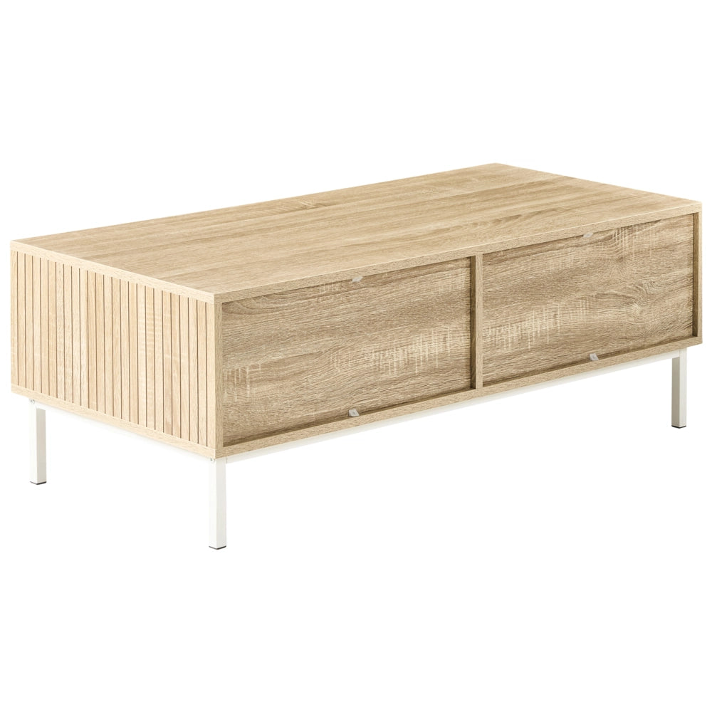 Tavolino da caffè in stile scandinavo Cassetto MDF Gambe in legno Scaffale Spazio di archiviazione Legno chiaro