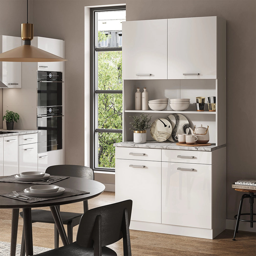 Cucine componibili piccole R-Line Bianco lucido/Bianco 100 cm, PL Marmo Vicco