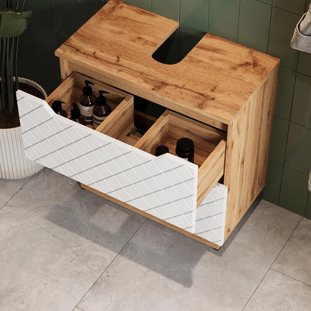 Set di mobili da bagno Lotta, Rovere/bianco con struttura in piastrelle, 2 parti