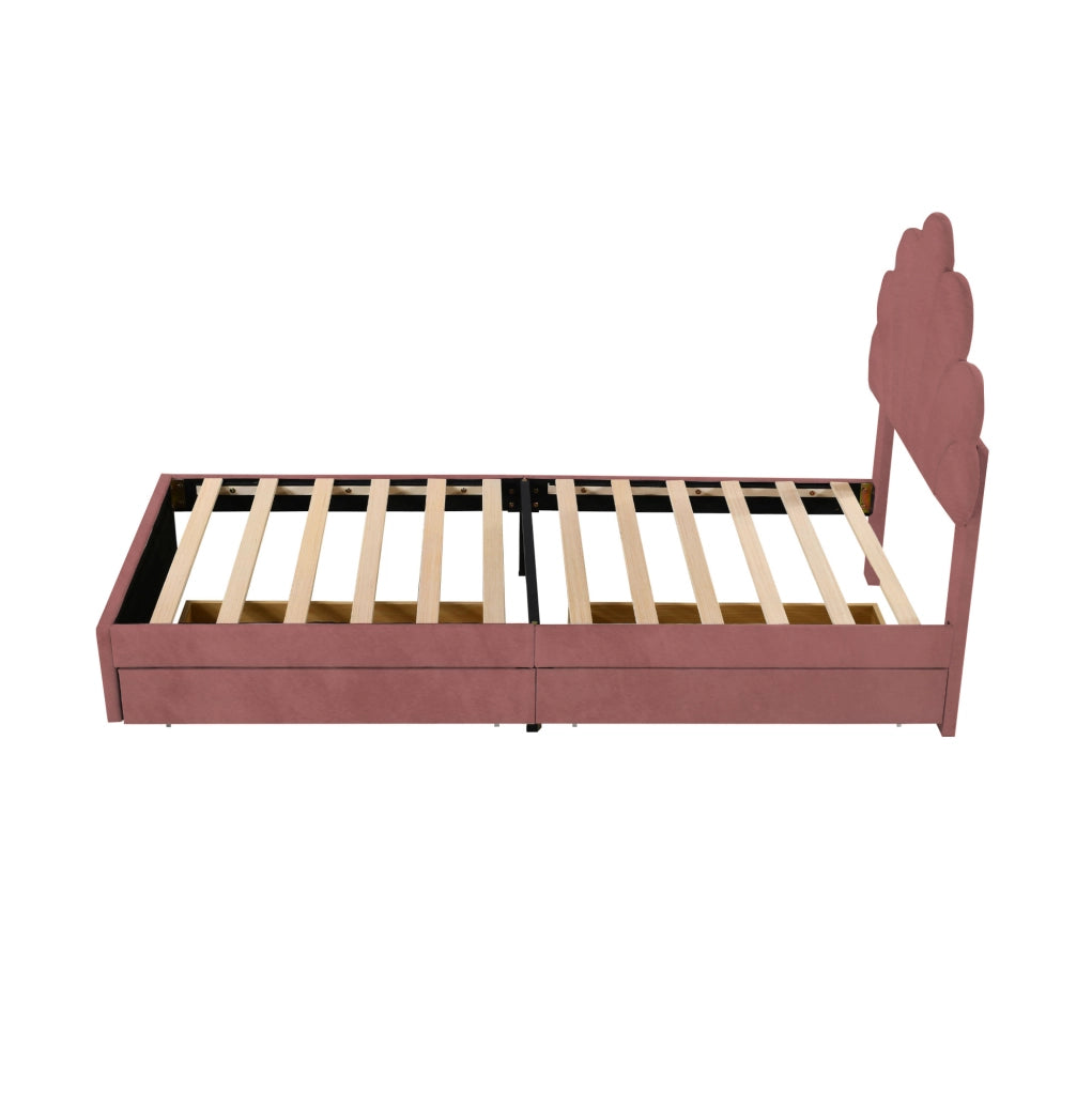 Letto imbottito 90x200 cm; 2 cassetti; velluto; rosa (Senza materasso)