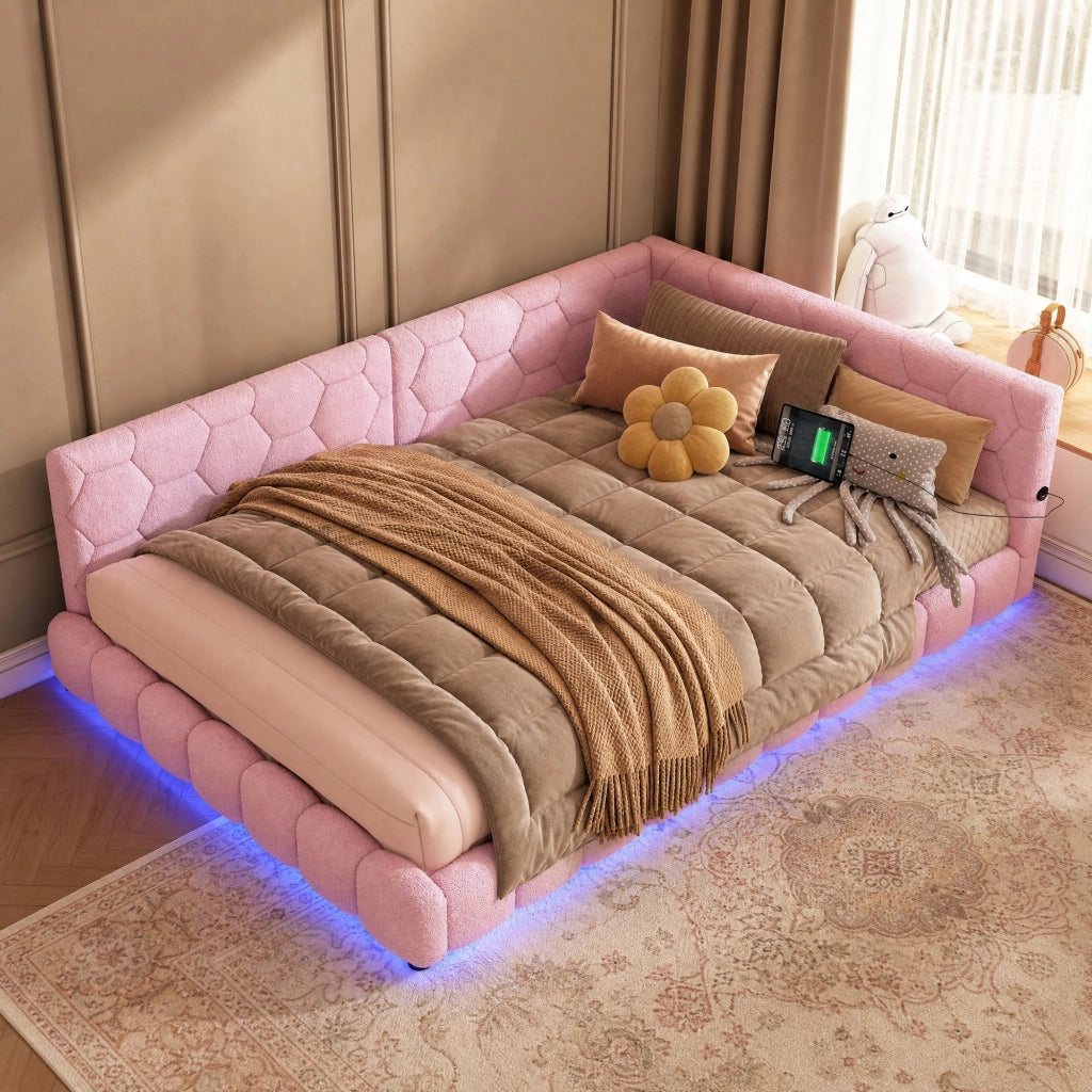 Divano letto 140x200 cm in velluto con LED; USB e Type-C; rosa
