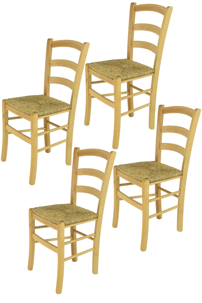 Set 4 Sedie Venice Tommychairs, robusta struttura in legno di faggio verniciata in naturale e seduta in paglia