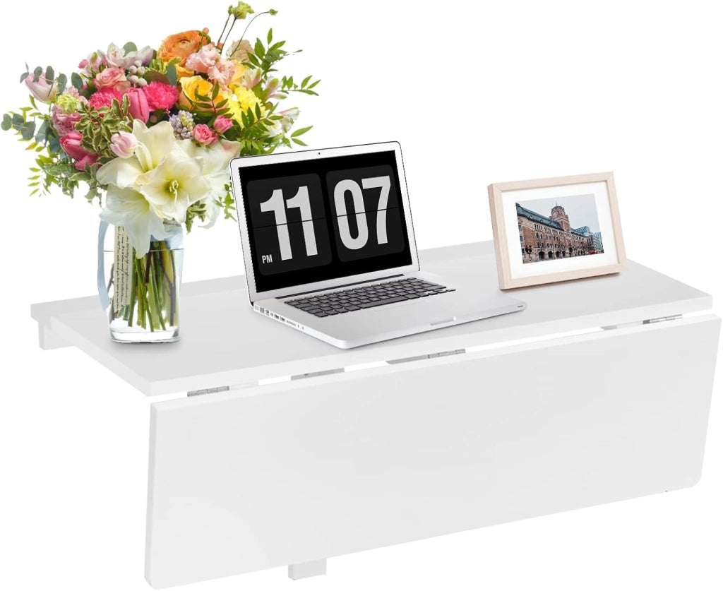 Tavolo Pieghevole a Muro, Tavolino Porta PC da Parete in Legno, Tavolo a Scomparsa Multifunzionale, Ideale per Soggiorno, Cucina e Studio, 80 x 60 x 45 cm (Bianco)