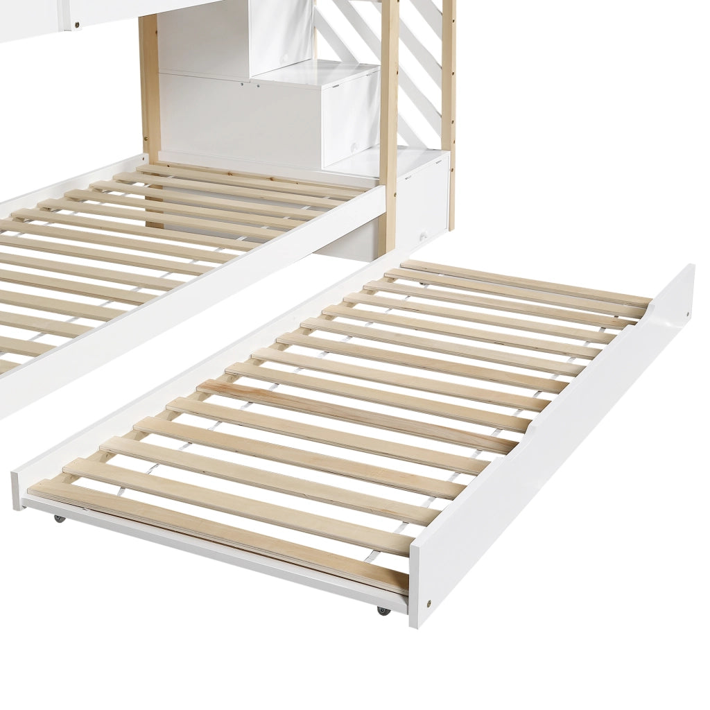DESMIU Letto a castello 90 × 200 cm e 90 × 190 cm 2 posti con scala con cassetti e materasso senza