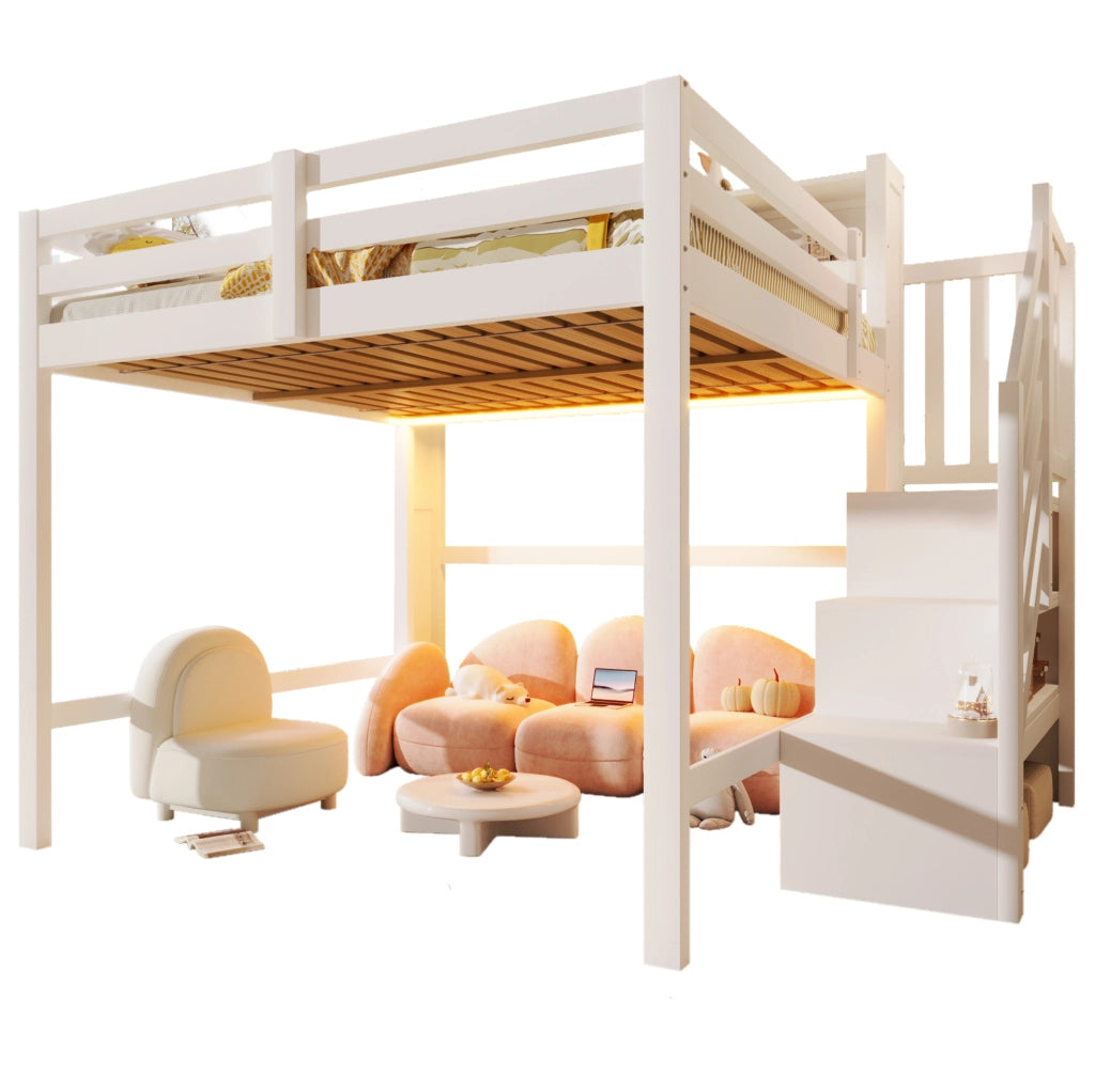 Letto a soppalco 140x200 cm bianco con LED e scala contenitore