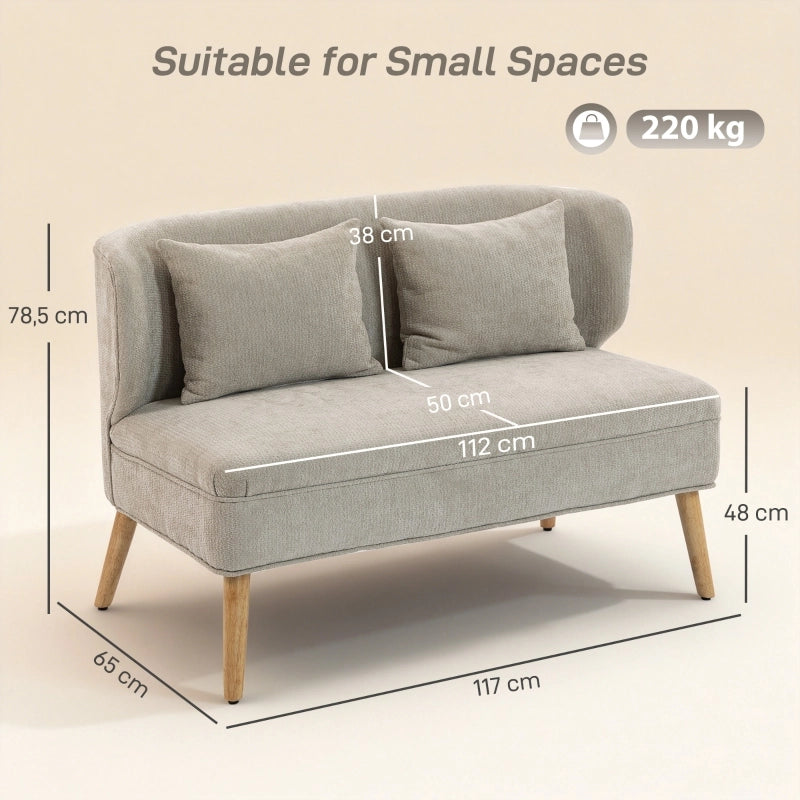 Divano 2 posti compatto con schienale avvolgente seduta spessa e cuscini per spazi piccoli in legno di caucciù beige