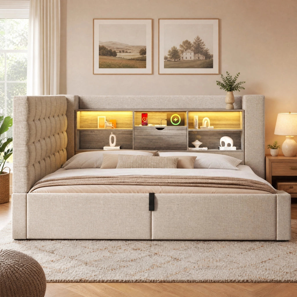 LETTO Singolo 90x200 cm in lino beige con LED, USB e contenitore