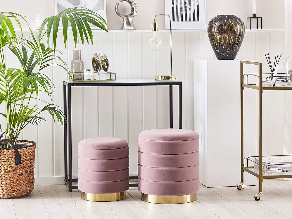 Set di 2 pouf contenitori con rivestimento in velluto giallo con base in acciaio inossidabile dorato dal design moderno