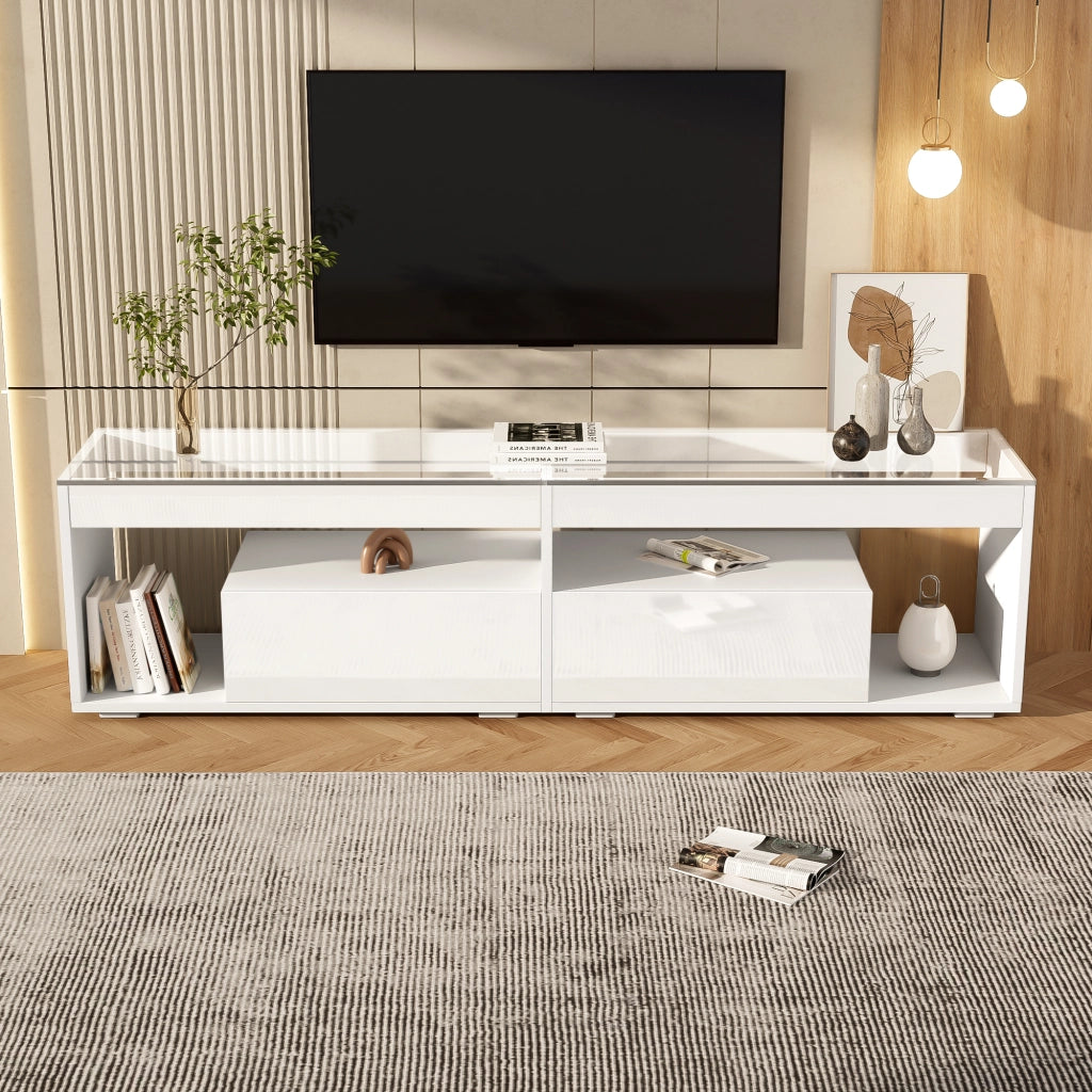 Mobile porta TV con LED, 2 cassetti e ripiani in vetro temperato, per soggiorno, in truciolare, bianco, 180 × 40 × 46 cm