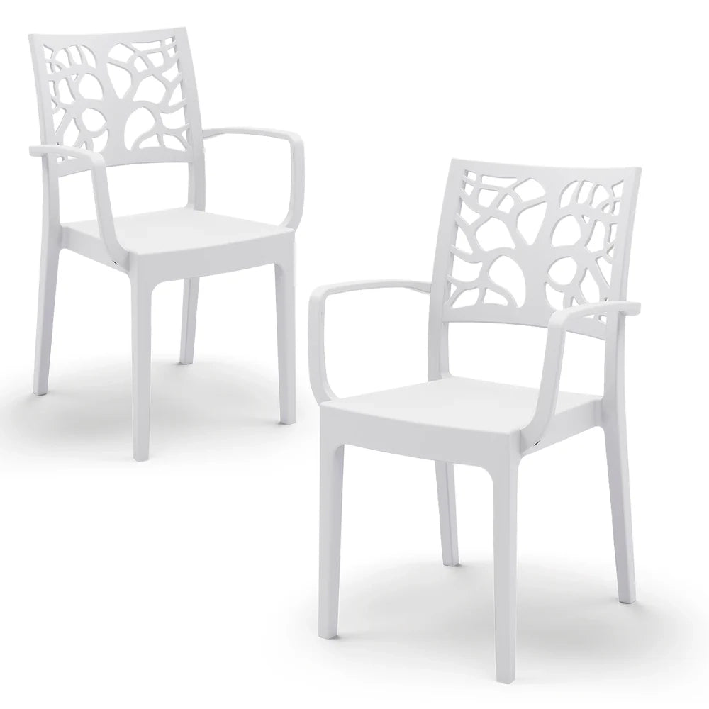 Set 2 sedie con braccioli in polipropilene TETI, impilabile, resistente ai raggi UV, design moderno, ideale per ambienti interni ed esterni, colore Bianco