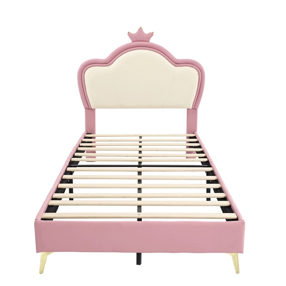 Letto Imbottito Singolo per Bambini con Testiera a Corona ¨C MINIMAL ¨C Rosa e Bianco, PU, 90x200cm