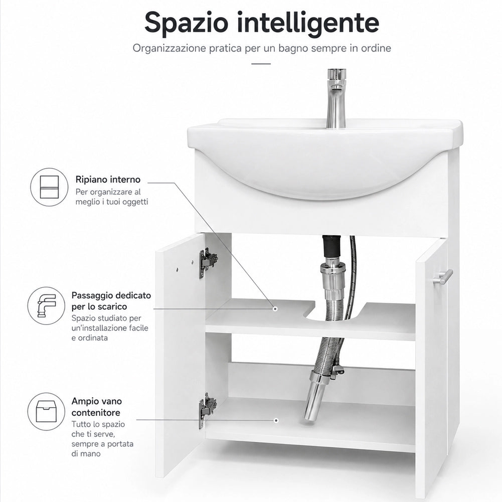 Mobile da Bagno Sospeso Completo Bianco Larghezza 55 cm Specchio e Rubinetteria
