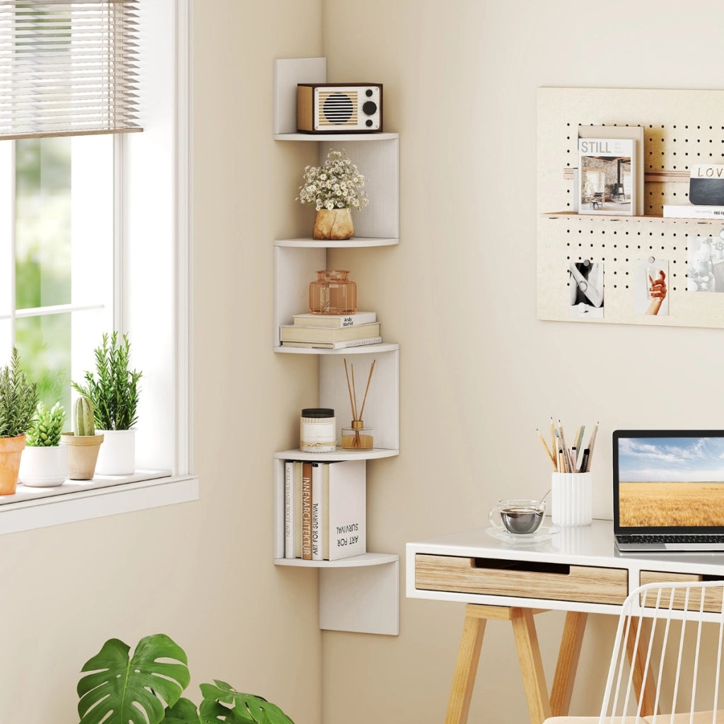 Scaffale sospeso a muro organizzatore di stoccaggio a parete-Scaffale angolare a 5 livelli espositore in legno per soggiorno Bianco