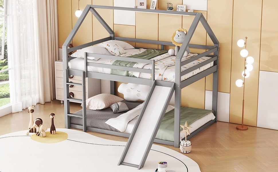 DESMIU Letto a castello per bambini 140 × 200 cm con scivolo e scala, senza materasso, in legno, grigio