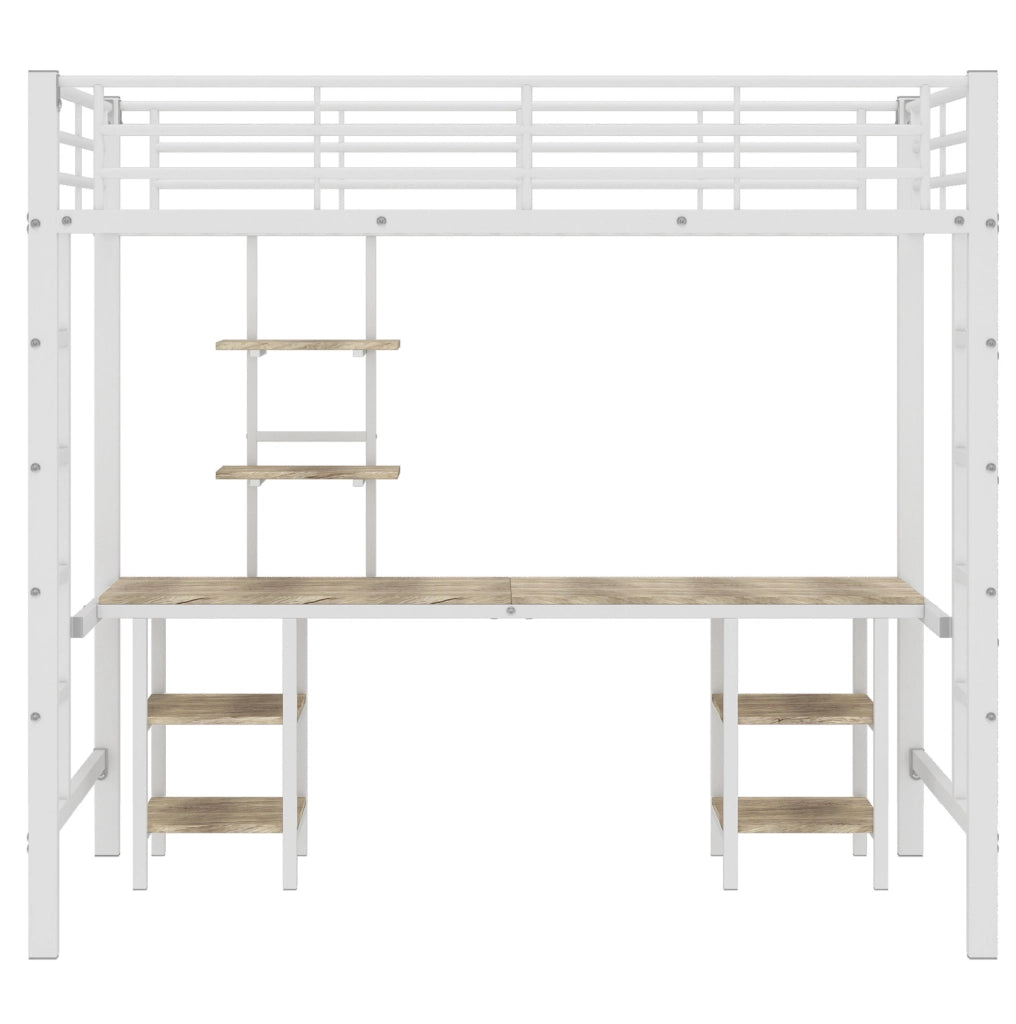 Letto a soppalco 90x200 cm in metallo bianco con scrivania e ripiani