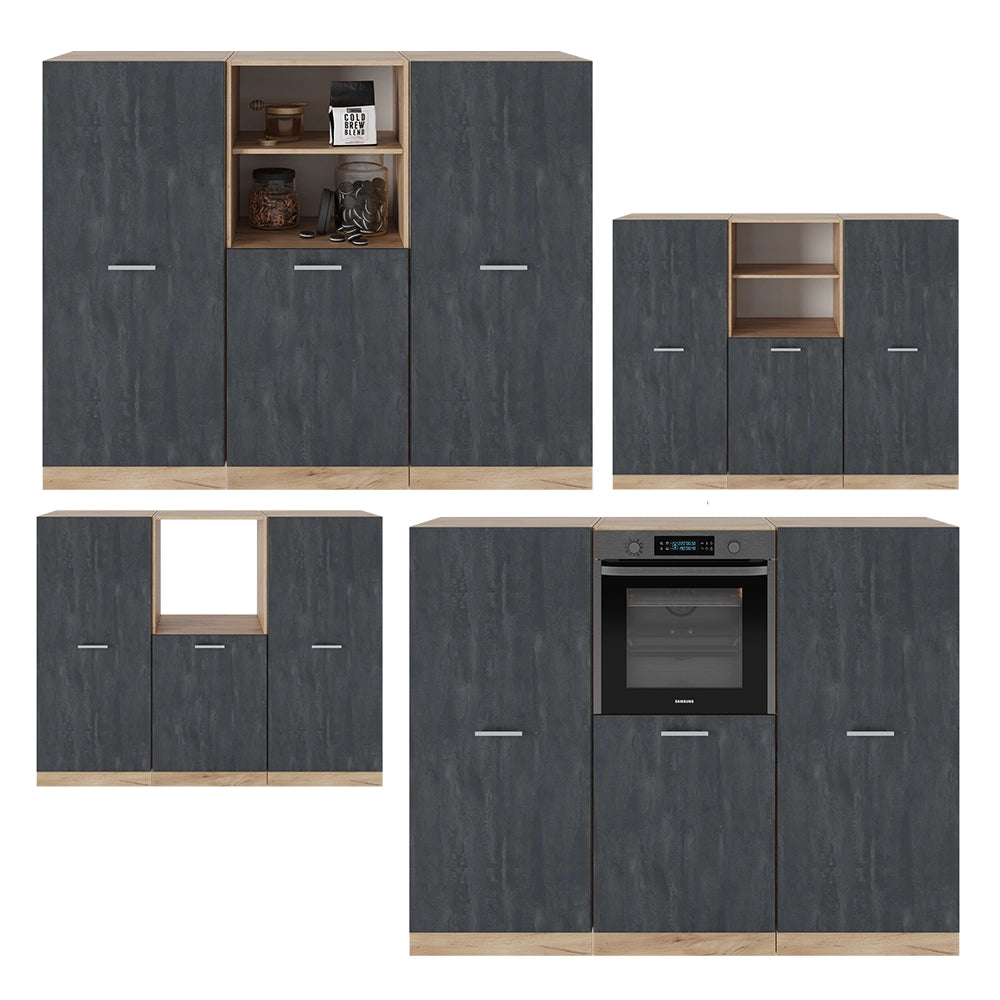 Vicco Cucine componibili piccole Calcestruzzo nero/quercia dorata 180 cm Senza piano di lavoro