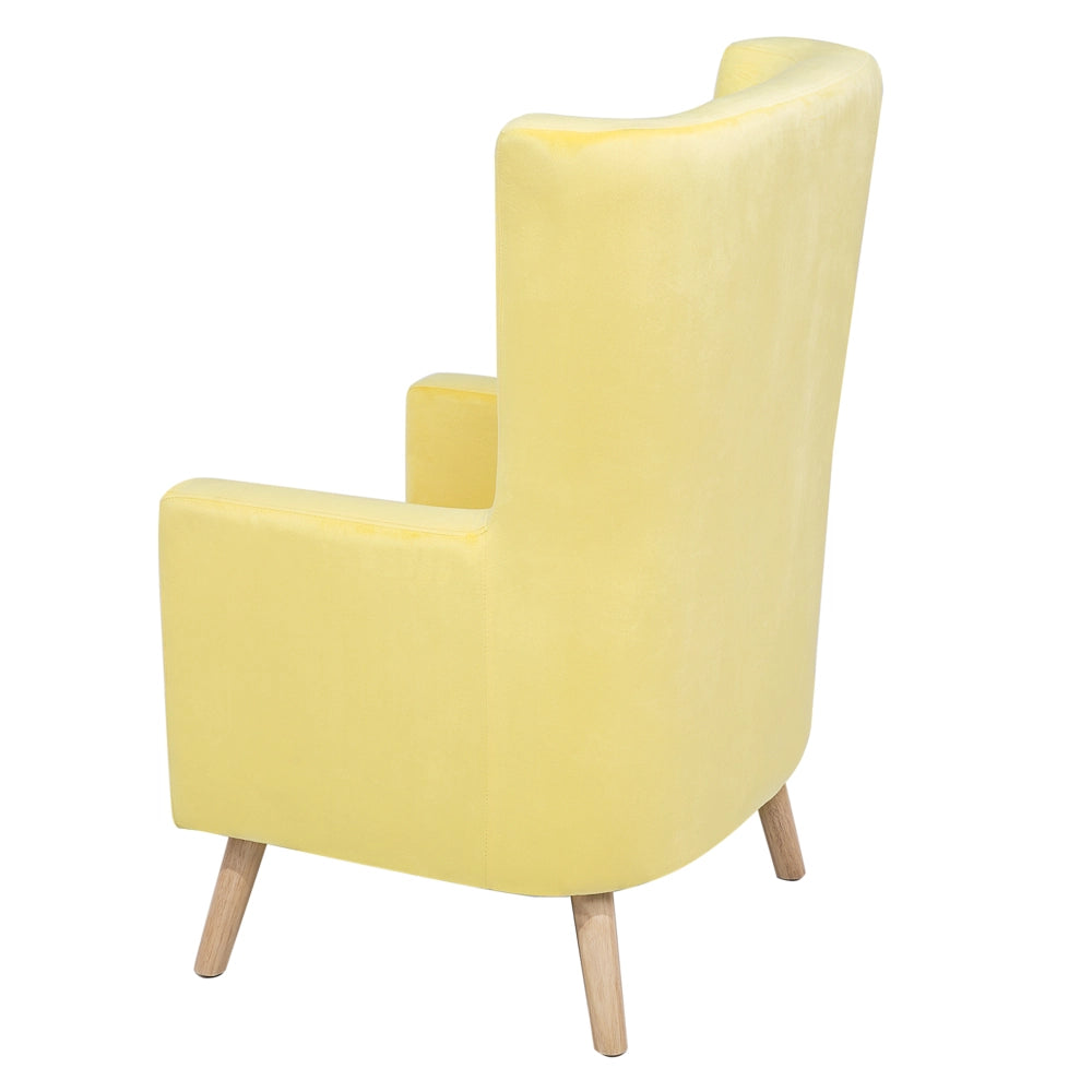 Sedia Wingback con rivestimento in velluto giallo e gambe in legno con schienale alto