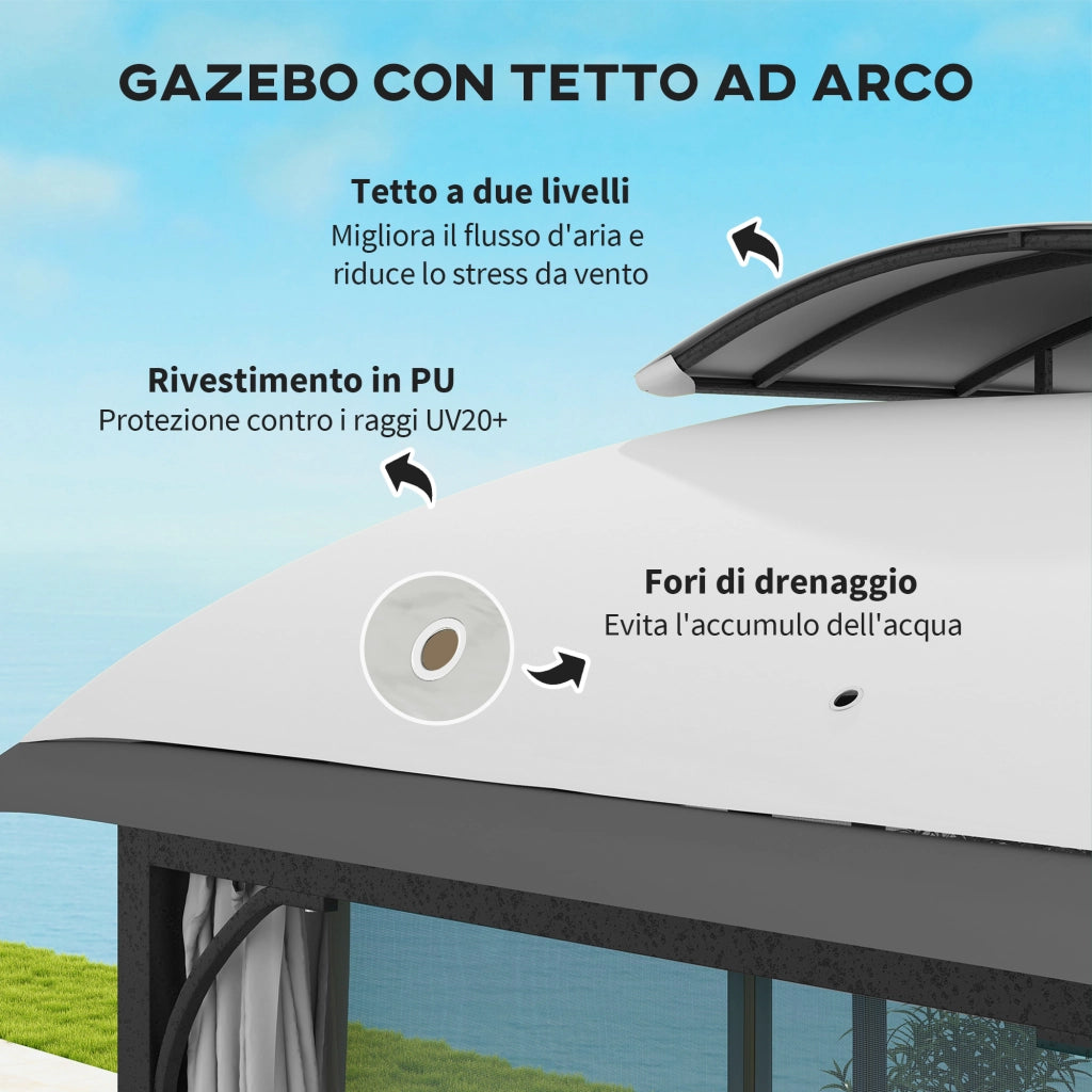 Gazebo da Giardino 4x3 m con Zanzariere e Doppio Tetto. in Metallo e Poliestere Grigio Chiaro