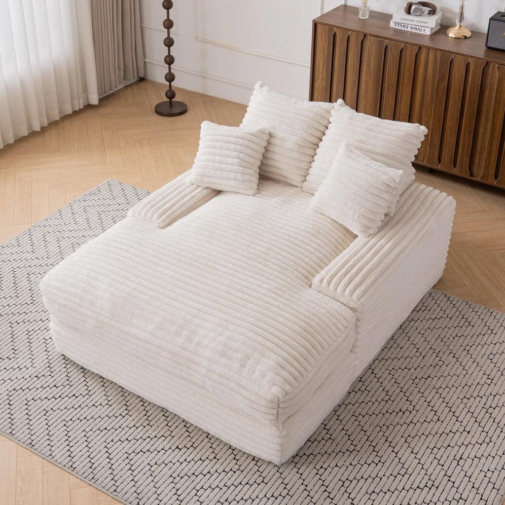 Poltrona chaise longue in velluto a coste beige con 4 cuscini sfoderabili e braccioli 135 × 165 × 58 cm