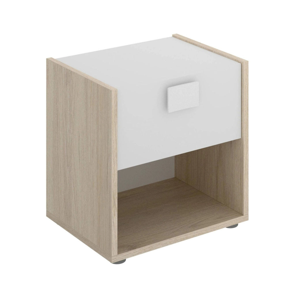 Comodino Artica, Tavolino da notte, ComÒ² basso a 1 cassetto, 40x33h42 cm, Bianco e Rovere